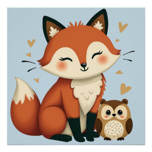 Cute Fox and Owl Whimsical Woodland Illustration Poster