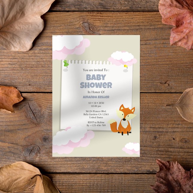 Cute Fox and Pink Cloud Baby Shower Invitation (Creator Uploaded)