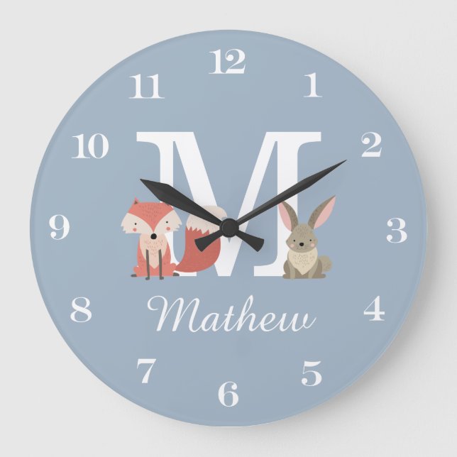 Cute Fox And Rabbit Baby Boy Monogram Blue Large Clock (Front)