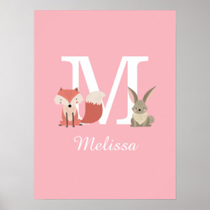 Cute Fox And Rabbit Forest Animals Monogram Pink Poster