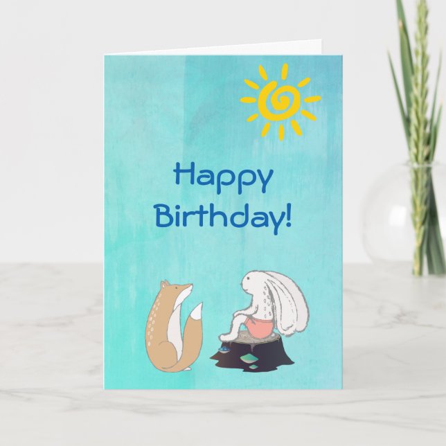 Cute Fox and Rabbit Illustration Happy Birthday Card (Front)