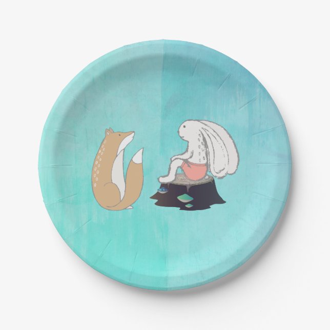 Cute Fox and Rabbit Woodland Creatures Drawing Paper Plate (Front)