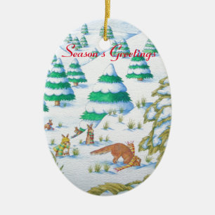 cute fox and rabbits christmas snow scene ceramic ornament