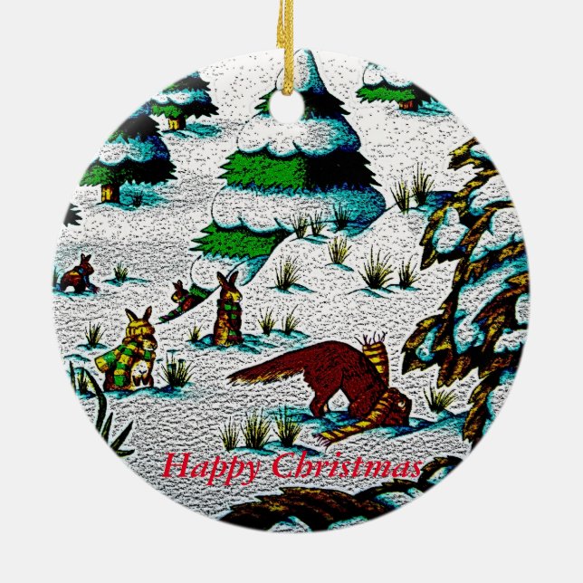 cute fox and rabbits christmas snow scene ceramic tree decoration (Back)