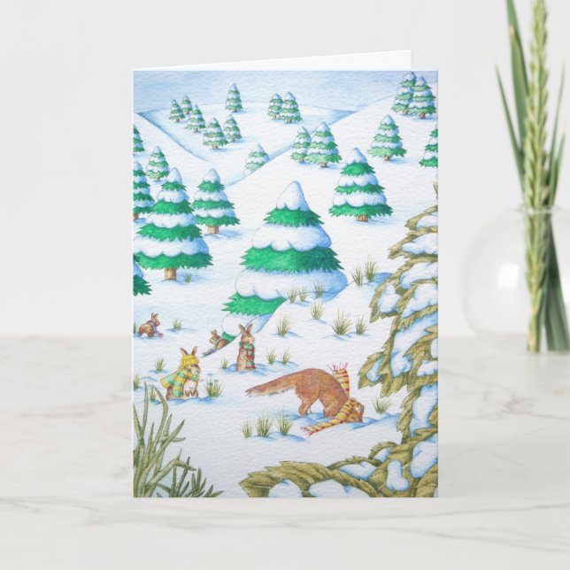 cute fox and rabbits christmas snow scene holiday card (Front)