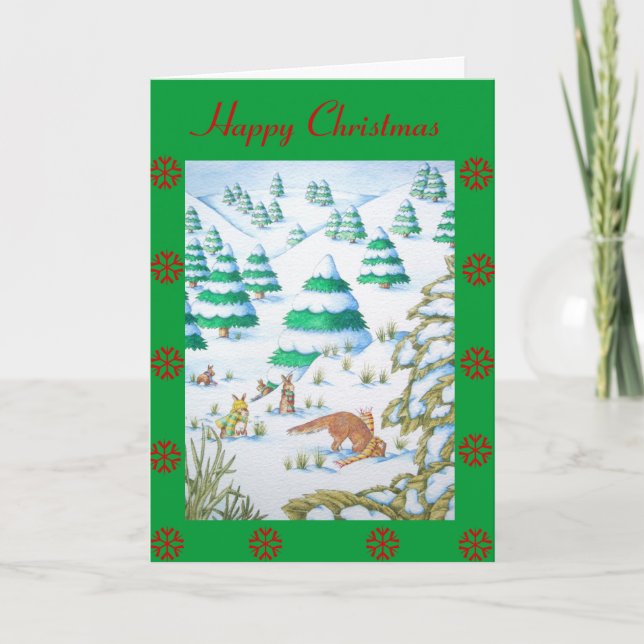 cute fox and rabbits christmas snow scene holiday card (Front)