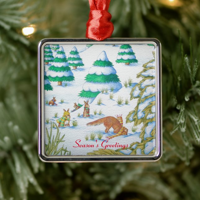 cute fox and rabbits christmas snow scene metal tree decoration (Tree)