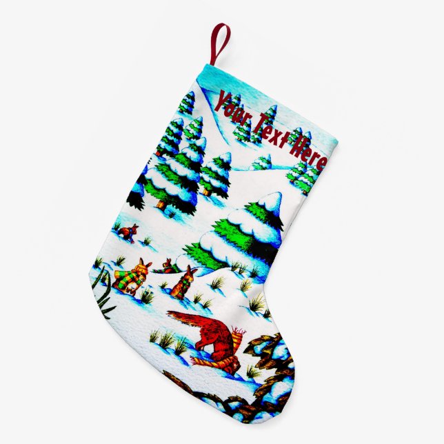 cute fox and rabbits christmas snow scene small christmas stocking (Front (Hanging))