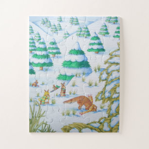 cute fox and rabbits playing snow scene kiddies jigsaw puzzle