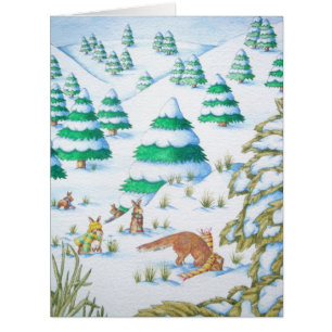 cute fox and rabbits playing winter snow scene