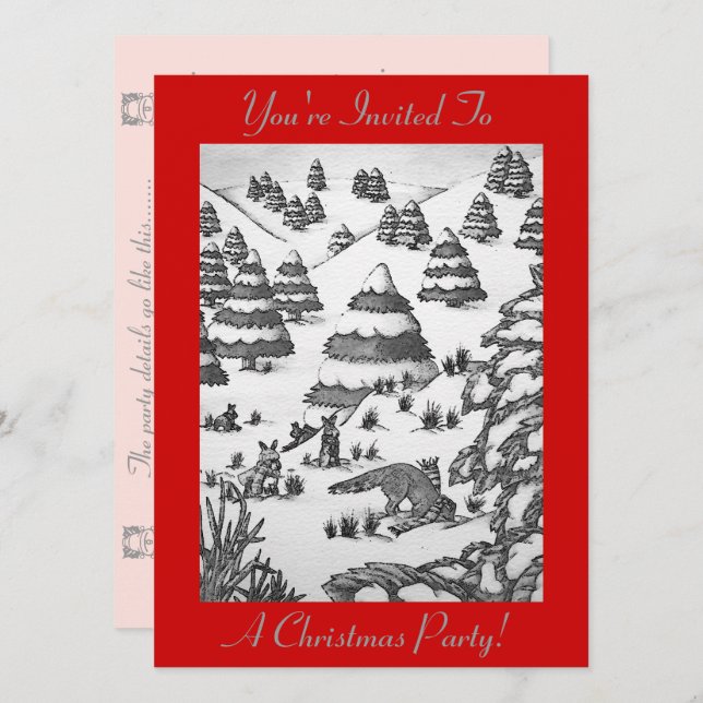 cute fox and rabbits snow scene art invitation (Front/Back)