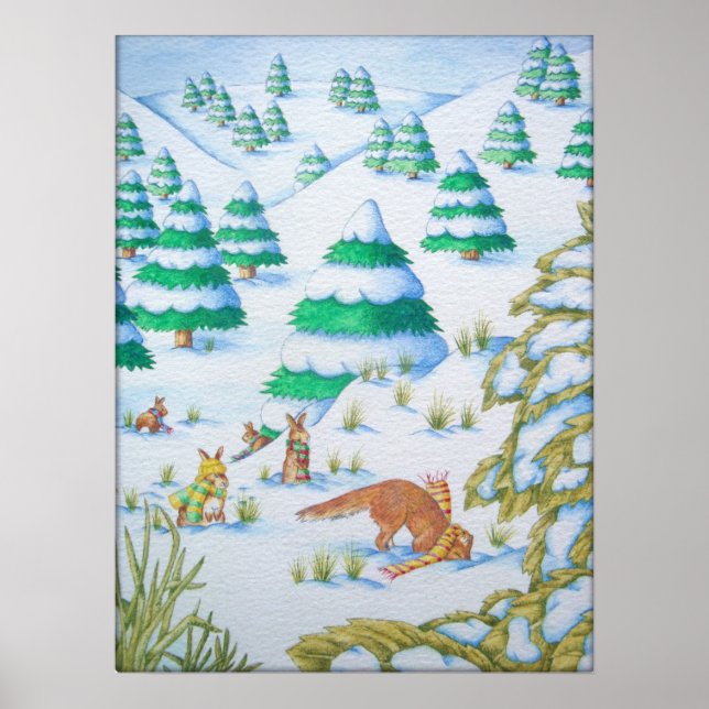 cute fox and rabbits wildlife snow scene poster (Front)