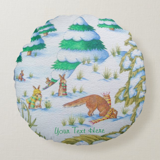 cute fox and rabbits winter snow scene round cushion (Front)