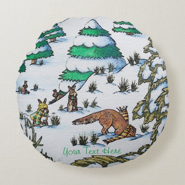 cute fox and rabbits winter snow scene round cushion (Front)