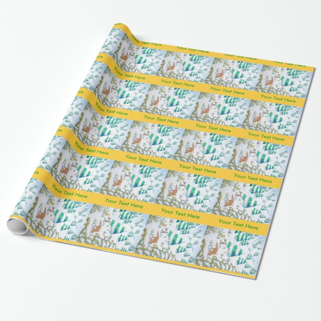 cute fox and rabbits winter snow scene wrapping paper (Unrolled)