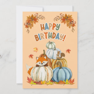 Cute Fox and Retro Pumpkins Fall Birthday Holiday Card