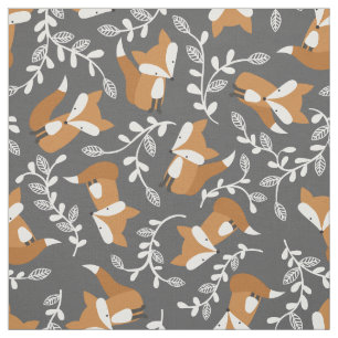Cute Fox and Vines in Dark Grey and Orange Fabric