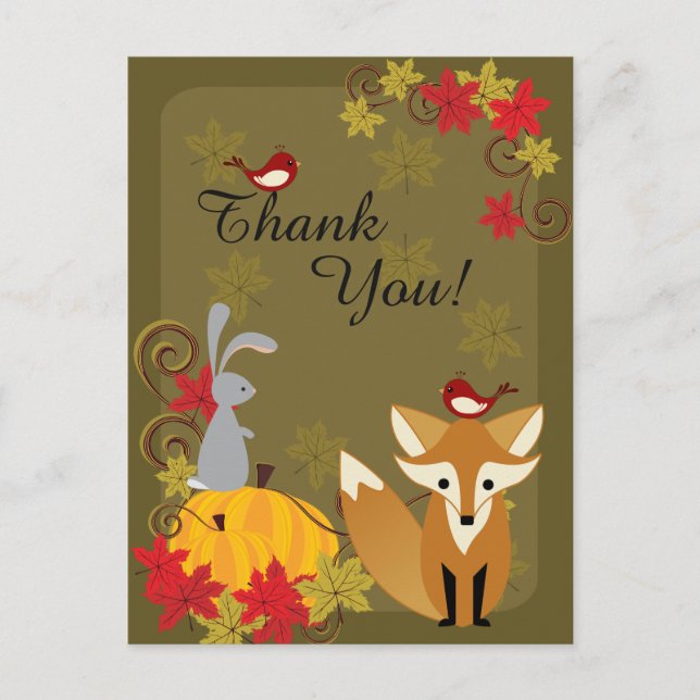 Cute Fox and Woodland Animals Autumn Thank You Postcard (Front)