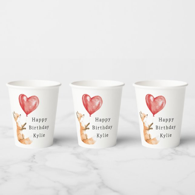 Cute Fox Animal Heart Balloon Birthday Paper Cups (Multi)