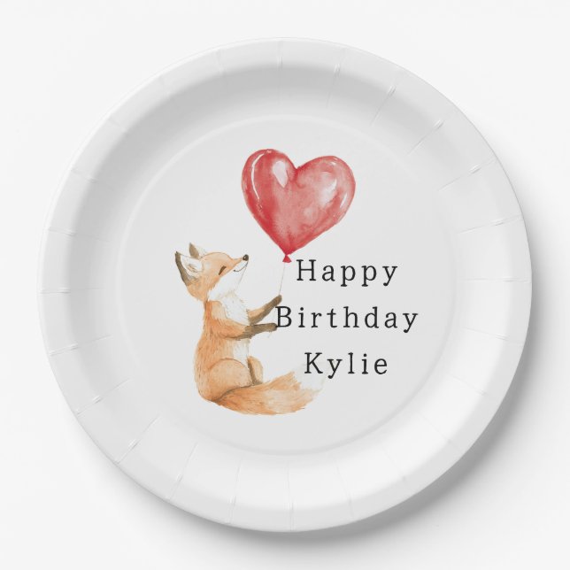 Cute Fox Animal Heart Balloon Birthday Paper Plate (Front)