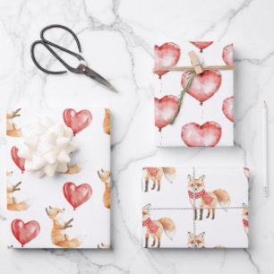 Cute Fox Animal Heart Balloon Birthday Wrapping Paper Sheet