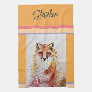 Cute Fox Animal Watercolor Pastel Colors Tea Towel