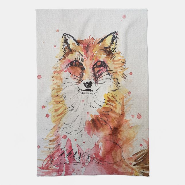 Cute Fox Animal Watercolor Pastel Colors Tea Towel (Vertical)