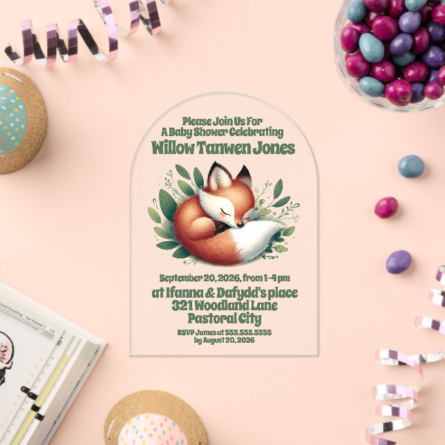 Cute Fox Asleep in Leaves Baby Shower Acrylic Invitations (Insitu (Celebration))