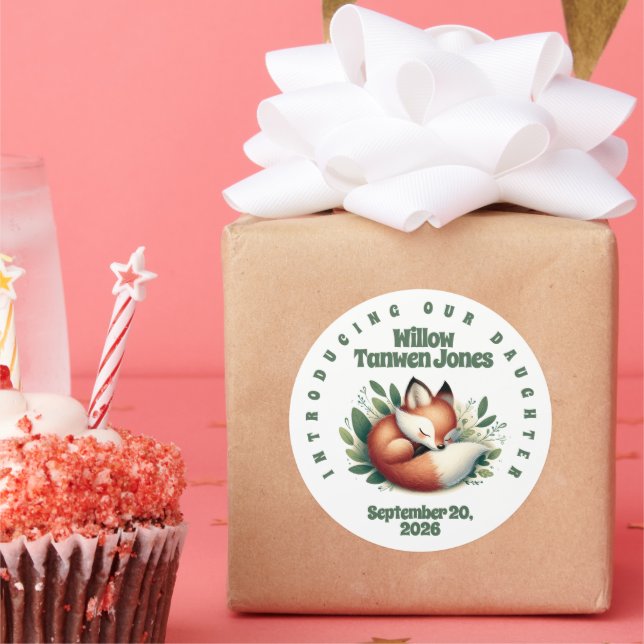 Cute Fox Asleep in Leaves Baby Shower Classic Round Sticker (Party)