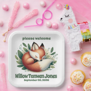 Cute Fox Asleep in Leaves Baby Shower Paper Plate