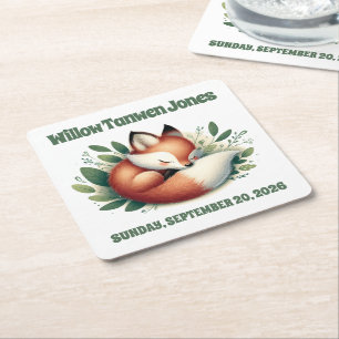 Cute Fox Asleep in Leaves Baby Shower Square Paper Coaster