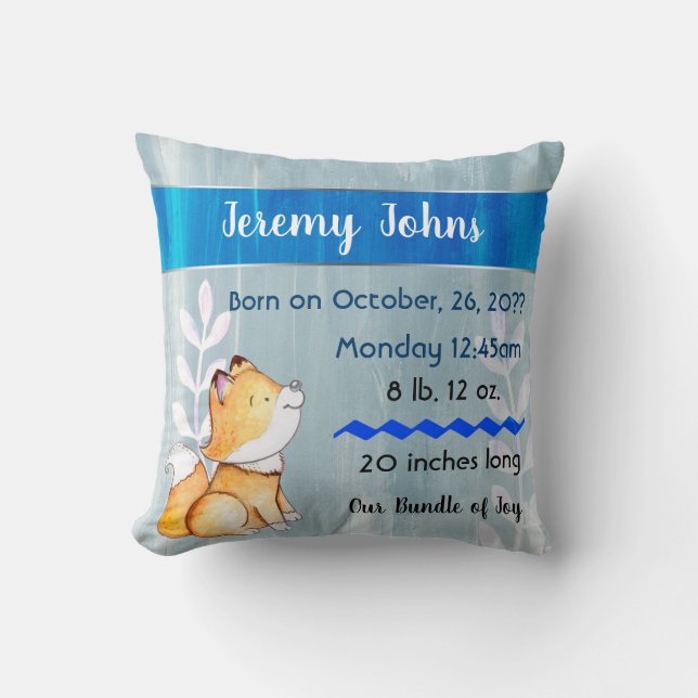 Cute Fox Baby Stats Birth Memory Pillow keepsake (Front)