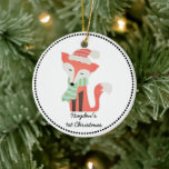 Cute Fox Baby's Christmas Winter Woodland Rustic Ceramic Tree Decoration<br><div class="desc">This cute fox Christmas Winter Woodland design features a rustic illustration of a red fox wearing a scarf and red hat. Personalise with your child's name, date or text of your choice. Perfect for a baby's first or christmas gift for any young child. Customise the background door to match room...</div>