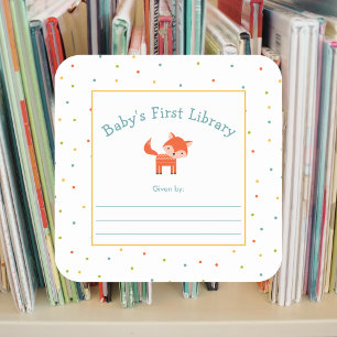 Cute Fox Baby's First Library bookplate Square Sticker
