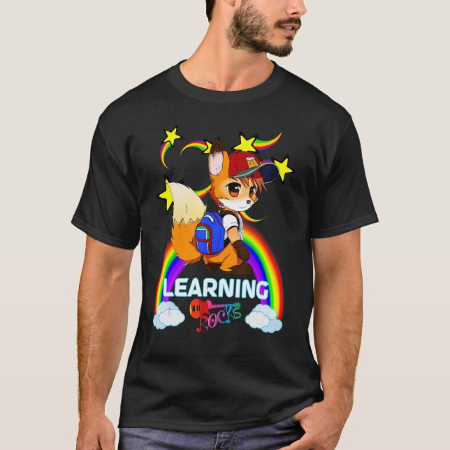Cute Fox Backpack Baseball Cap Rainbow LEARNING RO T-Shirt (Front)