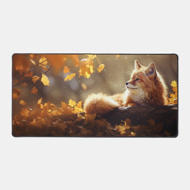Cute Fox Basking in Autumn Desk Mat (Front)