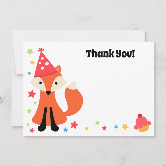 Cute fox birthday party flat thank you note card (Front)