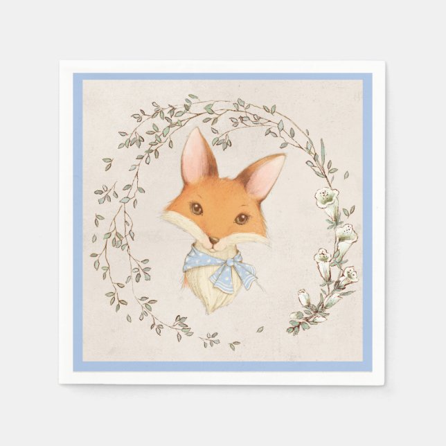 Cute Fox Blue Floral Boy Napkin (Front)