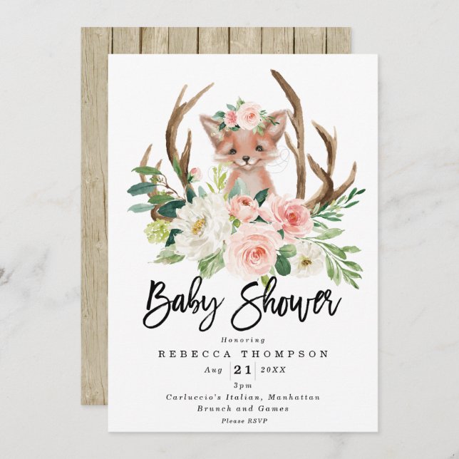 cute fox boho floral modern baby shower invitation (Front/Back)