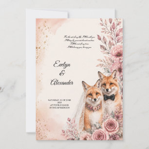 Cute Fox Bride and Groom Blush Pink Floral Gold Invitation