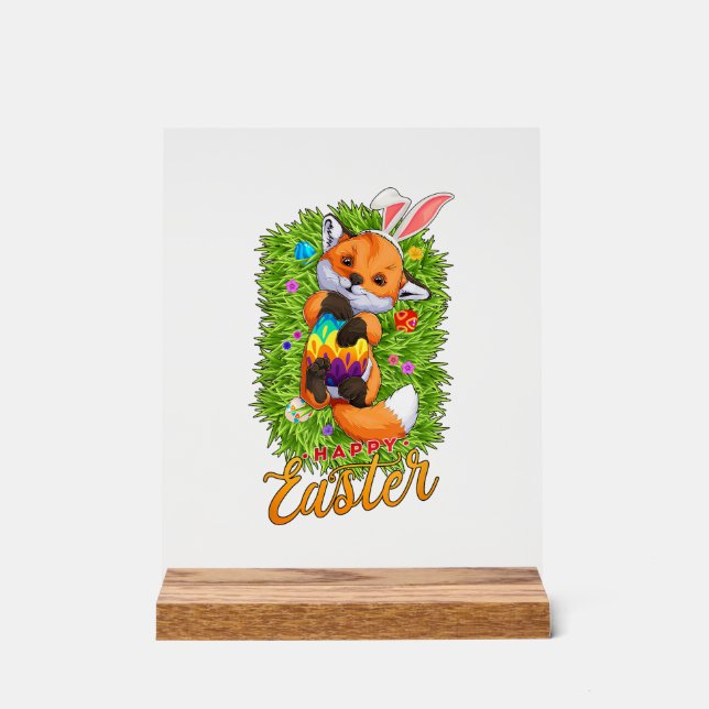 Cute Fox Bunny Ears Happy Easter Fox with Easter E Acrylic Sign (Front)