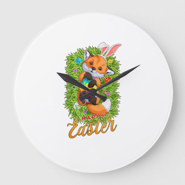 Cute Fox Bunny Ears Happy Easter Fox with Easter E Large Clock (Front)