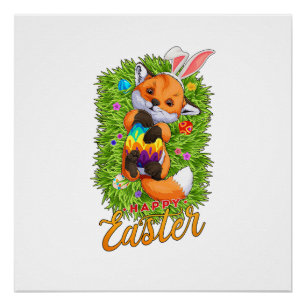 Cute Fox Bunny Ears Happy Easter Fox with Easter E Poster