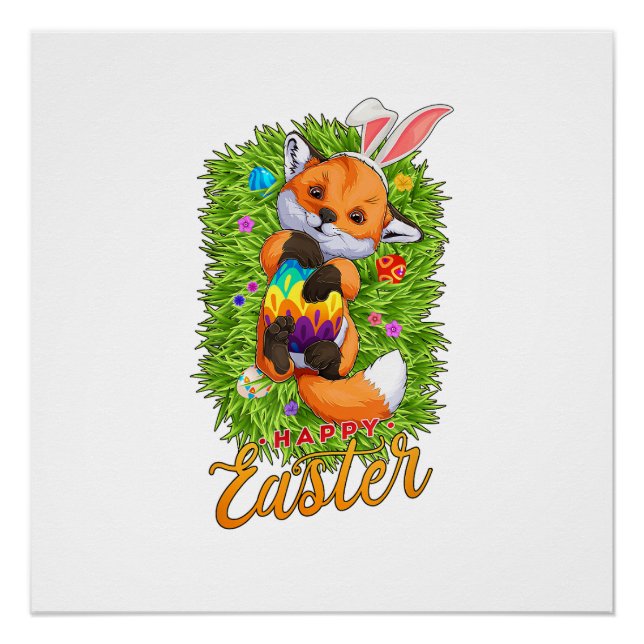 Cute Fox Bunny Ears Happy Easter Fox with Easter E Poster (Front)