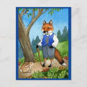 Cute fox, bunny rabbit fairy tale postcard