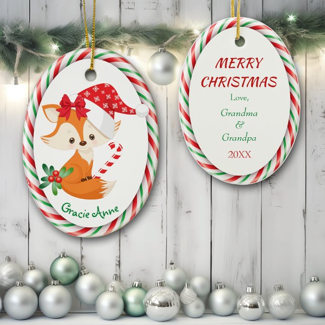 Cute Fox Candy Cane Frame Ceramic Ornament (Creator Uploaded)