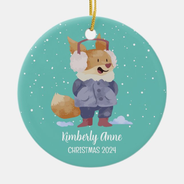 Cute Fox Christmas Animal Snowy Winter Holiday Ceramic Ornament (Front)