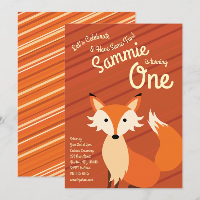 Cute Fox Colourful 1st Birthday Invitations (Front/Back)