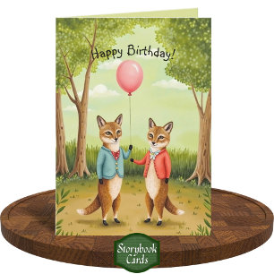 Cute Fox Couple Forest Storybook Art Birthday  Card