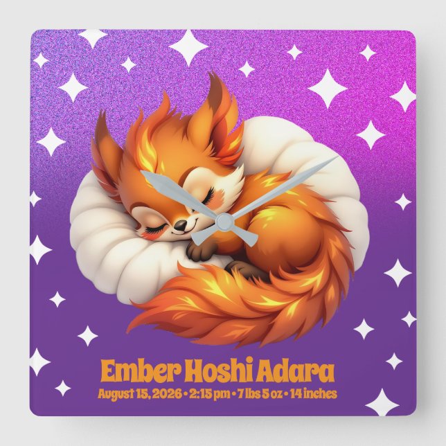 Cute Fox Cub Asleep in Starry Night Sky Natal Square Wall Clock (Front)